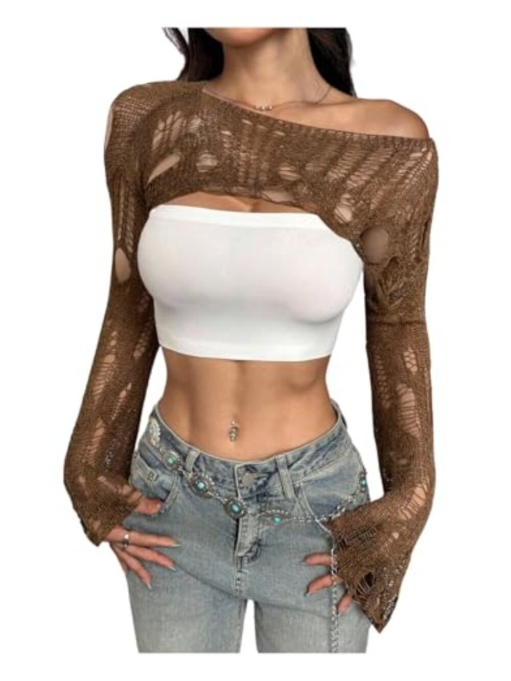 WDIRARA Boat Neck Y2K Crochet Hollow Out Knit Crop Top Long Bell Sleeve Shrug